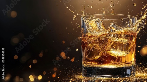 Whiskey Glass with Ice Cubes and Splash on Dark Background