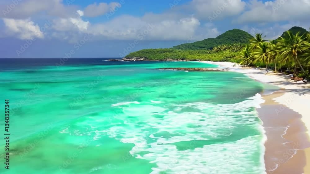 Beautiful tropical beach with soft white sand, turquoise ocean, and lush palm trees swaying under a bright blue sky, creating a peaceful vacation paradise. Beautiful tropical beach with soft white sand, turquoise ocean, and lush palm trees swaying under a bright blue sky, creating a peaceful vacation paradise.