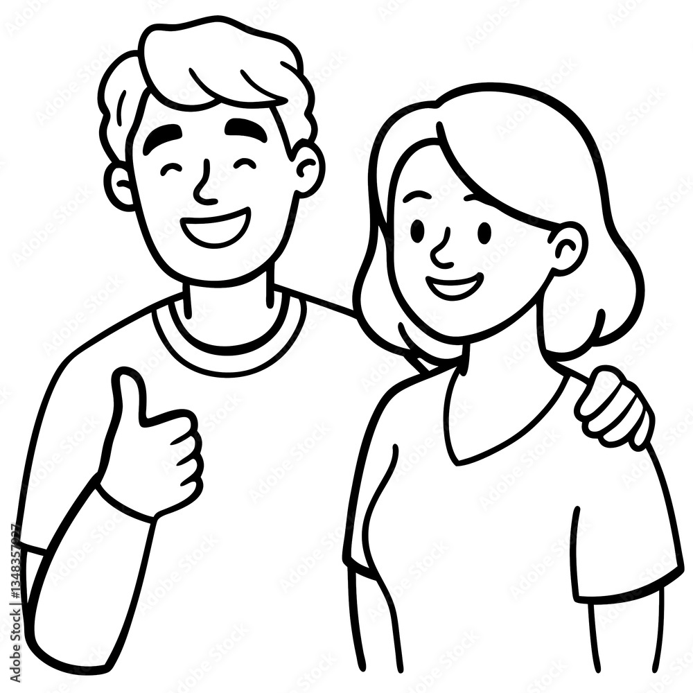 Happy couple giving thumbs up gesture in modern hand-drawn illustration style Happy couple giving thumbs up gesture in modern hand-drawn illustration style