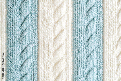 A textured background of a knitted garment with alternating light blue and white vertical cable stitch stripes.