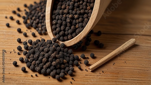 Black pepper in bow on table. Pile of ground black pepper.