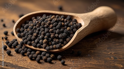Black pepper in bow on table. Pile of ground black pepper.