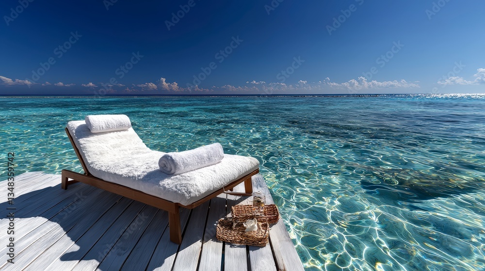 Obraz premium Tranquil Beach Chaise Lounge Luxury Ocean Getaway