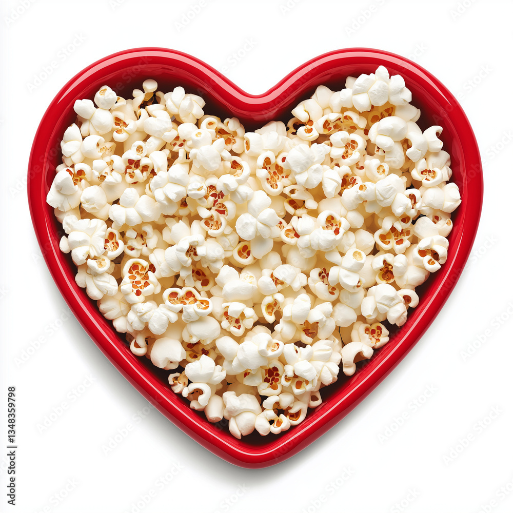Popcorn fills a red heart-shaped bowl in this bright stock image. The bowl could be used to convey a love of movies or a snack Popcorn fills a red heart-shaped bowl in this bright stock image. The bowl could be used to convey a love of movies or a snack