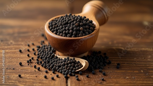 Black pepper in bow on table. Pile of ground black pepper.