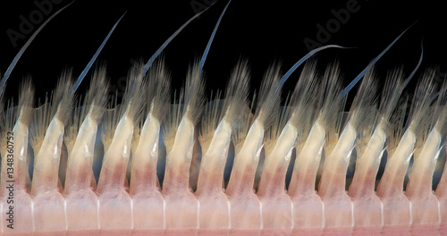 Worm Polychaeta under microscope, Polynoidae family. Visible ventral antennae, parapodia, setae and notopodial setae. White Sea photo