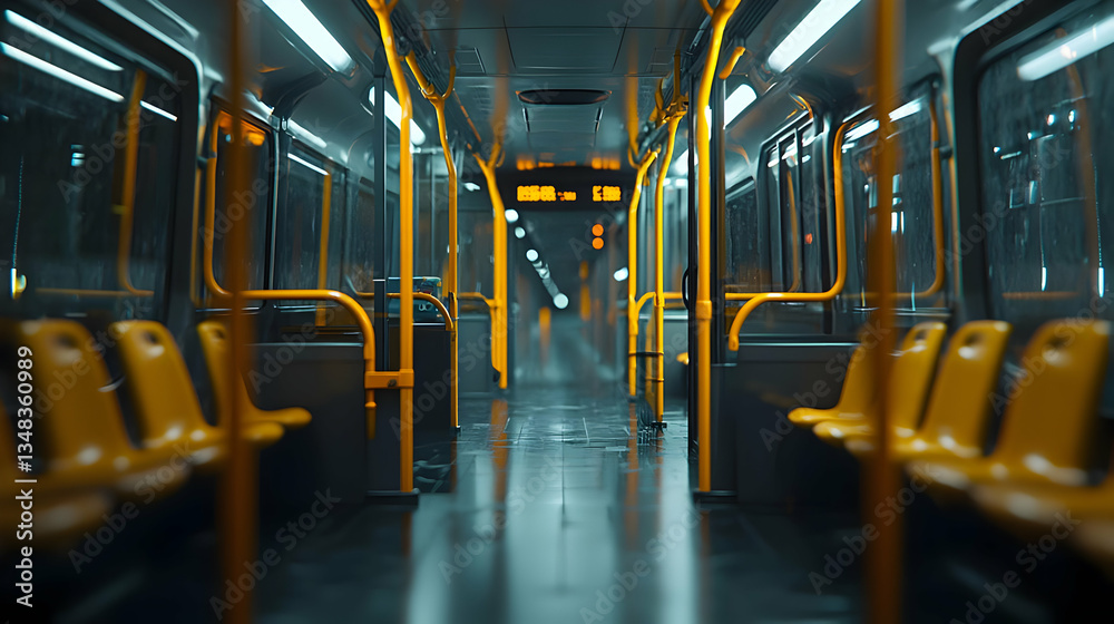 Fototapeta premium Yellow Seating And Rails Inside A Modern Subway Car With Metallic Interior And Illuminated Lighting