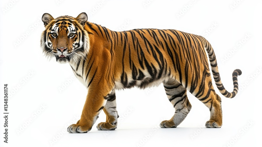 Obraz premium Majestic tiger roaming in studio wildlife photography minimalist white background close-up perspective