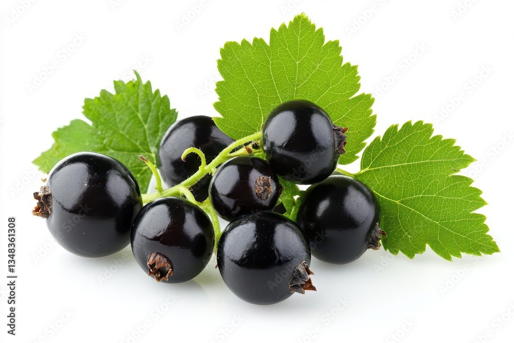 black currant berries with lush green leaves isolated on a pristine white background showcasing the elegance and freshness of this natural fruit in an artistic and clean composition