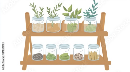 Charming Kitchen Spice Rack with Herbs and Spices, Display of Glass Jars on Wooden Shelves