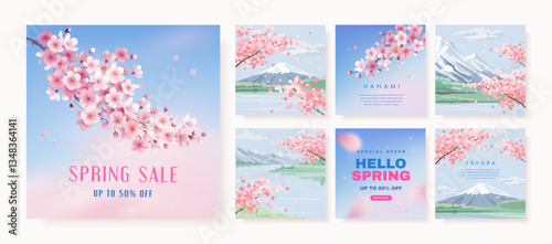 Hello spring sale web banner, square flyer or greeting card design template with realistic 3d and sketch blossoming sakura. Advertisement discount background. Vector illustration
