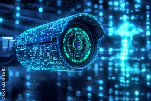A modern illustration of a CCTV camera highlighted in blue and green hues.