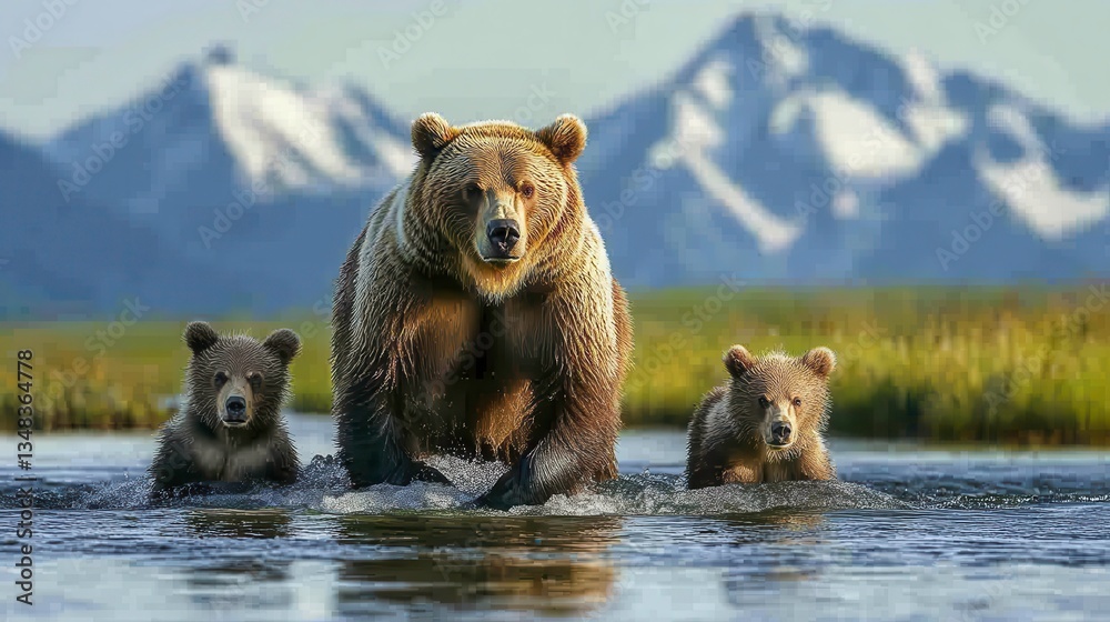 Obraz premium Grizzly bear family crossing stream in majestic mountains nature photography scenic wilderness view
