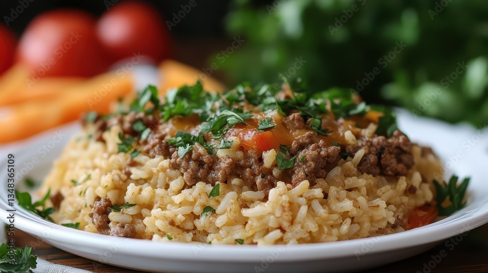 Delicious beef and rice meal served on a white plate, topped with fresh herbs. Surrounded by ripe tomatoes and colorful vegetables, this dish looks inviting and flavorful Delicious beef and rice meal served on a white plate, topped with fresh herbs. Surrounded by ripe tomatoes and colorful vegetables, this dish looks inviting and flavorful