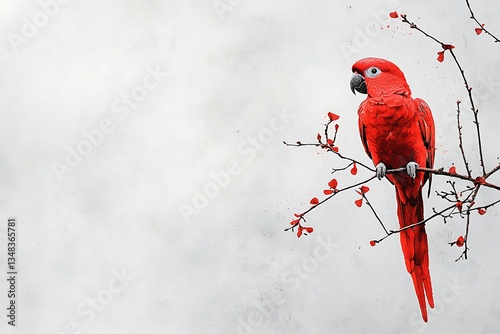 Cheerful parrot artwork, half-colored in bright red, minimalist