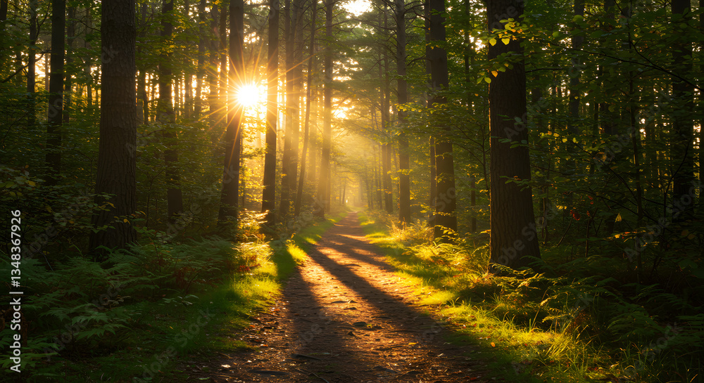 Obraz premium Sunlit Forest Path: Golden Hour Rays and Misty Morning Shadows