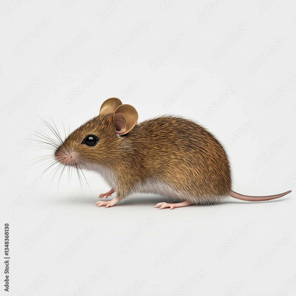 A brown mouse stands on a white surface, its whiskers and tail visible. The image is displayed as part of a collection of stock photos A brown mouse stands on a white surface, its whiskers and tail visible. The image is displayed as part of a collection of stock photos