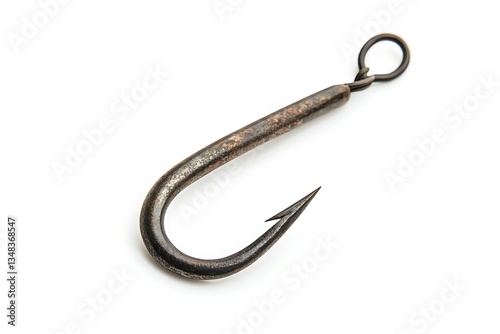 Close-up of a rusty, vintage fishing hook isolated on white.