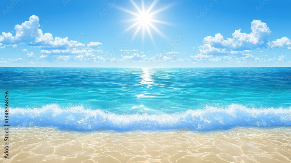 Fototapeta premium Bright sunlight illuminates a calm turquoise ocean, gently lapping against a soft sandy beach. Fluffy clouds drift across a clear blue sky, enhancing the serene atmosphere