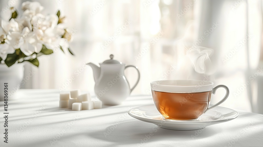 Fototapeta premium A steaming cup of tea with flowers and sugar cubes