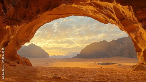 Desert sunset view from cave wadi rum nature photography serene landscape majestic horizon