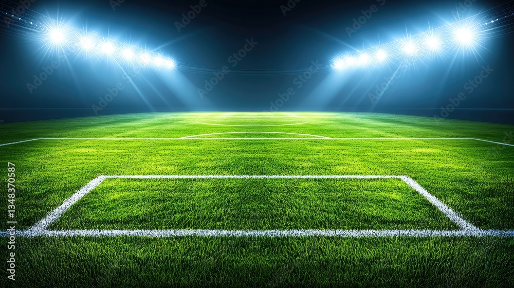 Obraz premium A well-maintained soccer pitch glowing under the bright lights of a stadium, with vibrant green grass and intense spotlight effects. Ideal for sports competitions and team branding