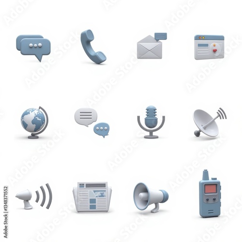 Communication Icon Set: Messages, Phone, Email, Globe, Microphone, Satellite, Radio, Isolated Vector Illustration