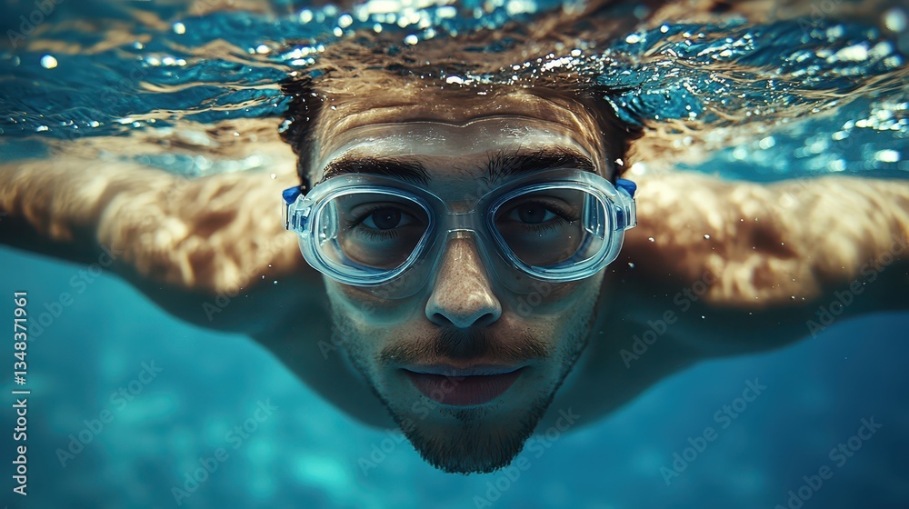Fototapeta premium A man swims effortlessly beneath the water's surface. He wears clear goggles and showcases determination and focus as sunlight filters through the water, creating a serene atmosphere