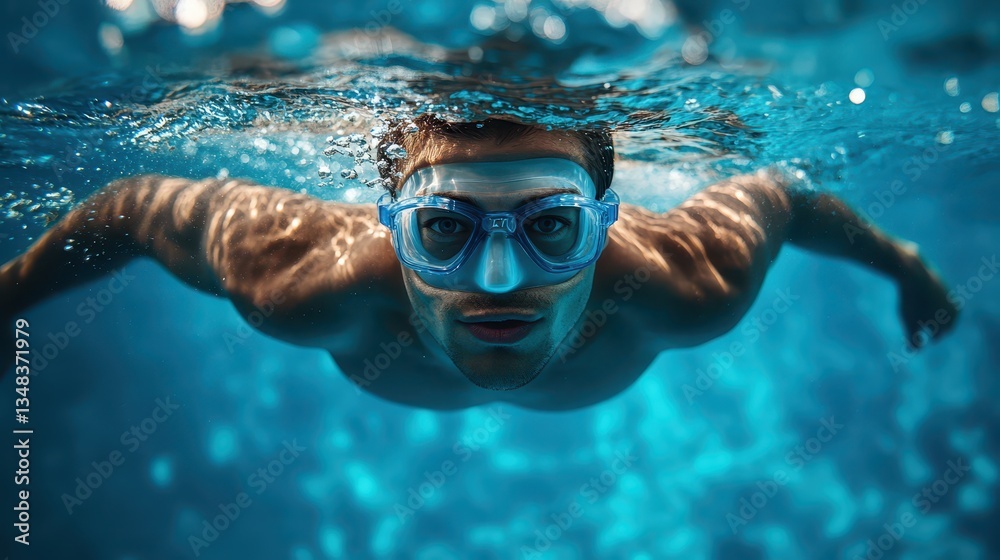 Fototapeta premium A man swims gracefully underwater in a bright blue swimming pool, wearing clear goggles. Sunlight filters through the surface, creating shimmering patterns around him