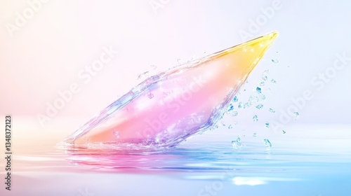 Colorful pastel surfboard emerging from calm water with dynamic splashes against a soft gradient background.