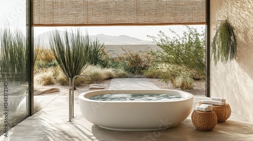 Relaxing bath experience in desert oasis modern bathroom tranquil environment serene viewpoint