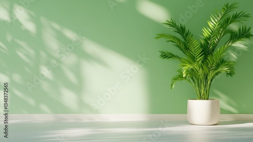 Green potted palm plant in a white ceramic pot stands against a light green wall with soft leaf shadows in bright daylight.