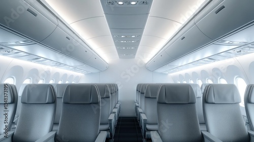 Airplane cabin mockup showing empty seats with minimalistic design, soft lighting accentuating the clean, modern atmosphere. Ideal for airline interior design promotions