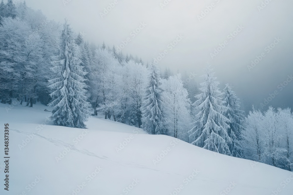 Fototapeta premium A tranquil winter landscape adorned with snow-covered trees in a foggy mountain setting