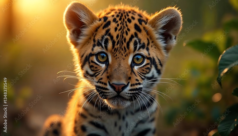 Fototapeta premium Adorable Jaguar Cub Portrait at Sunset in Nature