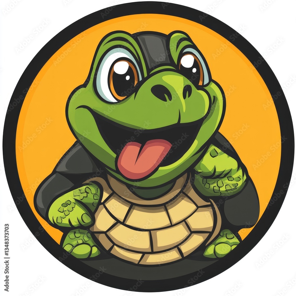 Obraz premium A happy cartoon turtle with big eyes and an open mouth