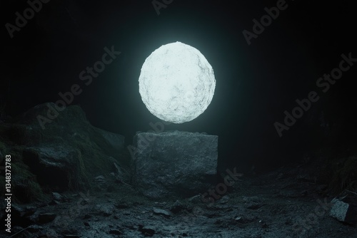 Glowing energy sphere levitating above a stone pedestal in a dark rocky cavern.