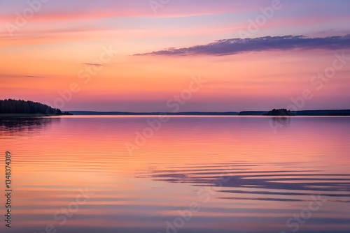 Soft Pastels Reflect on Still Lake at Dusk in Summer Season