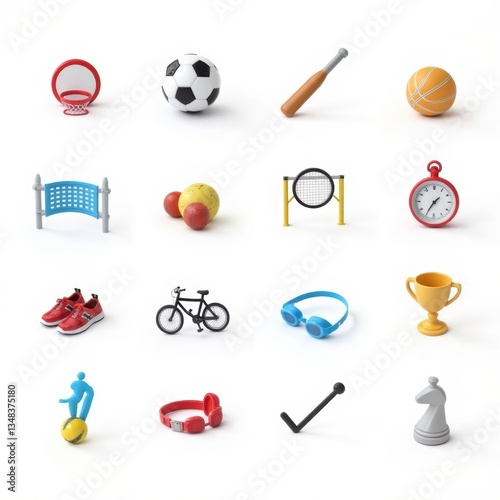 Sports Equipment Collection Set: Basketball, Soccer Ball, Tennis, Baseball Bat, Stopwatch, Bicycle, and More