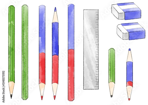 鉛筆と消しゴムのイラスト　手描き　水彩風