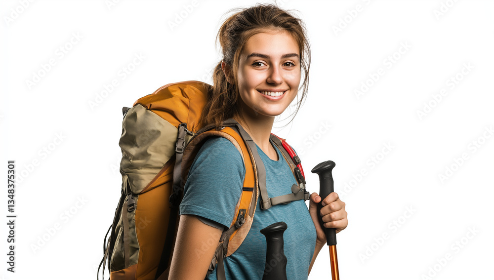 A smiling hiker poses with a large backpack and trekking poles. This stock photo features a bright white background with a focus on outdoor recreation