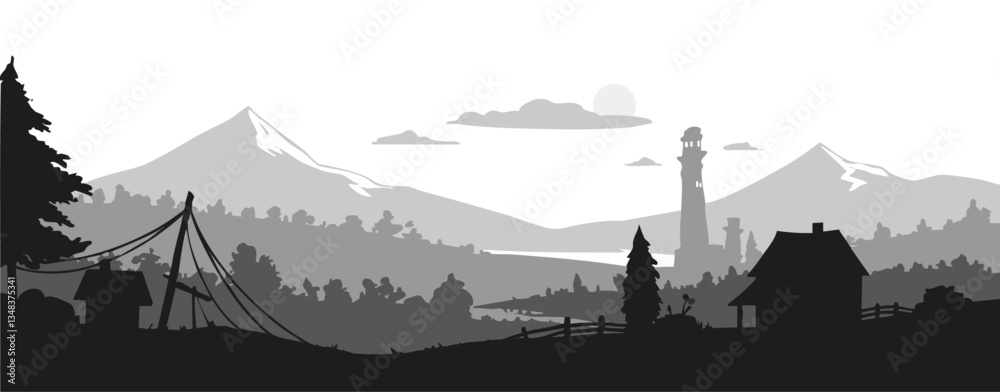Obraz premium Mountain Village Silhouette Landscape