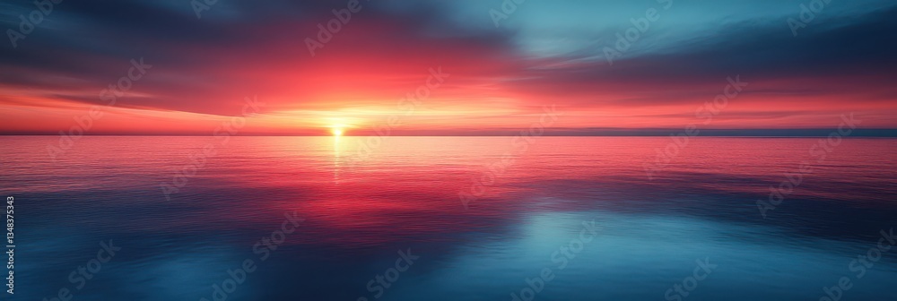 Naklejka premium Bright colors illuminate the sky as the sun sets over a tranquil ocean. Waves gently lap against the shore, creating a serene atmosphere at dusk