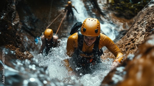 Canyoneering Adventure: Thrilling Descent Through Rocky Waterfall