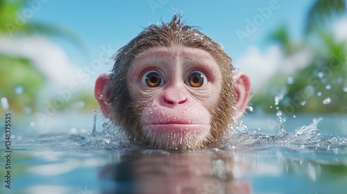 A cute baby monkey swims in clear blue water with splashes under a bright sunny sky.