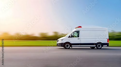 White Emergency Van Moving Fast On Road At Sunrise