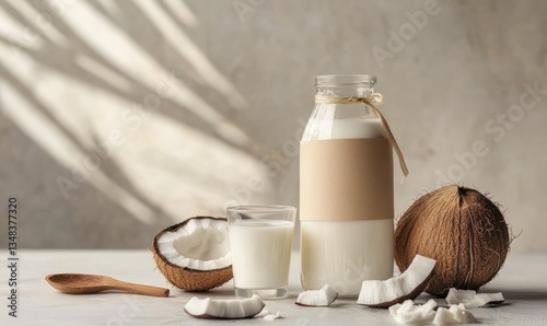 mockup of natural vegan plant-based coconut milk bottle with blank paper label on wooden rustic table, light eco aesthetic, AI generated