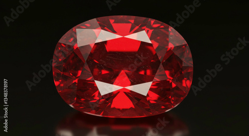 Exquisite oval red ruby gemstone with striking facets on a dark background
