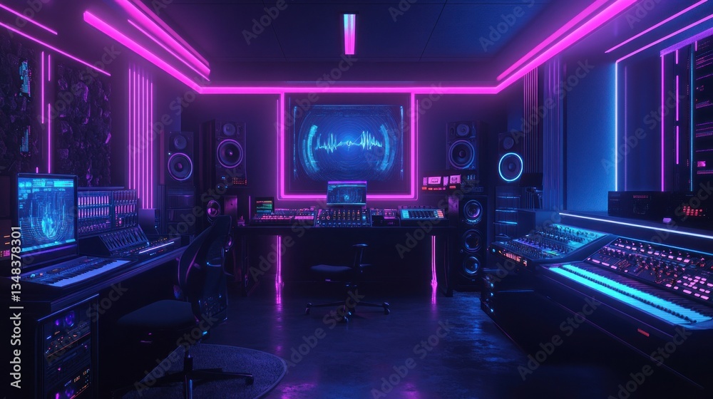 Neon-lit Music Studio: A Cyberpunk Haven for Audio Production Neon-lit Music Studio: A Cyberpunk Haven for Audio Production