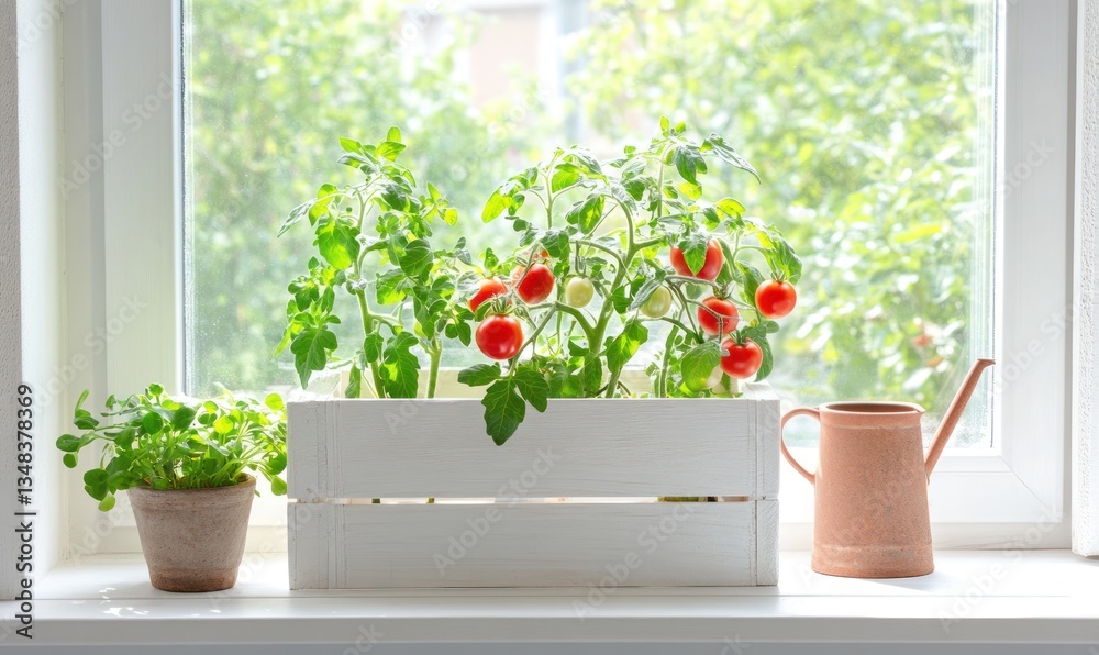 Fototapeta premium Growing tomatoes and other vegetables on the windowsill, windowsill farming, eco-friendly and healthy local homegrown products, healthy nutritious food, AI generated